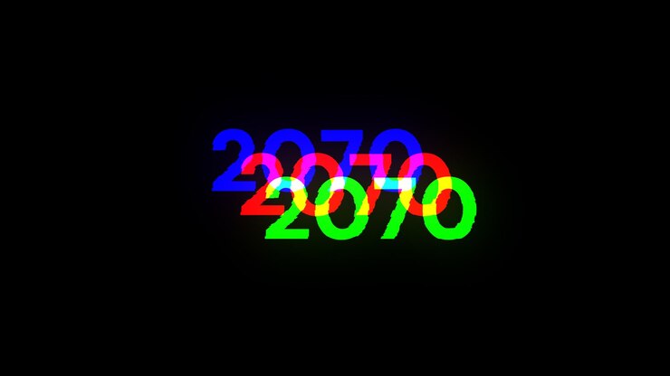 Foto renderización 3d de texto 2070 con efectos de pantalla de fallas tecnológicas