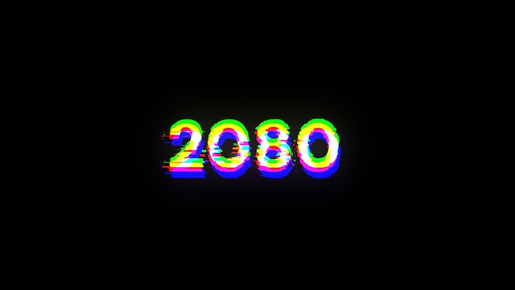 Foto renderización 3d de texto 2080 con efectos de pantalla de fallas tecnológicas