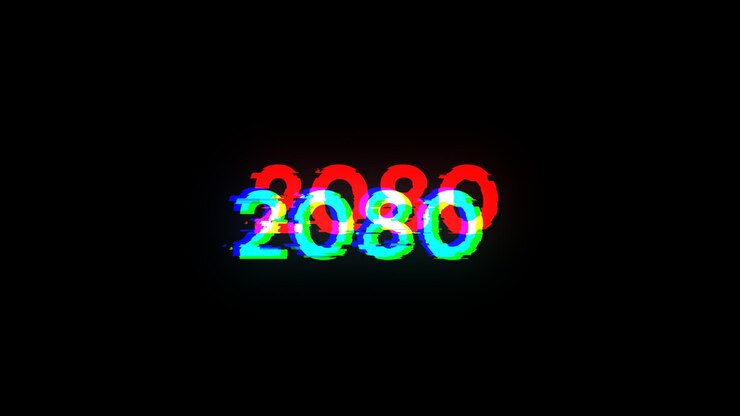 Foto renderización 3d de texto 2080 con efectos de pantalla de fallas tecnológicas