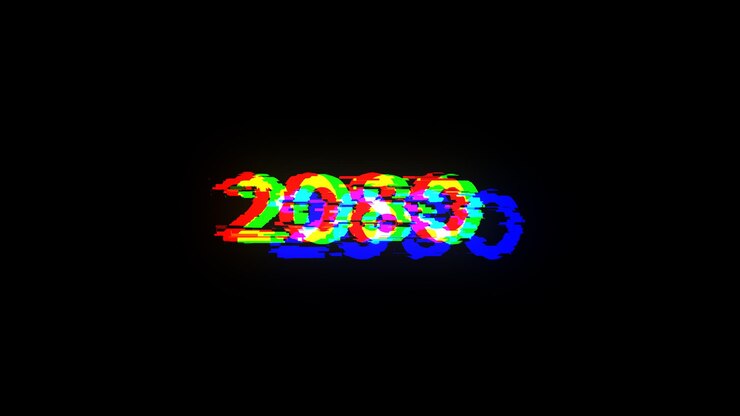 Foto renderización 3d de texto 2080 con efectos de pantalla de fallas tecnológicas