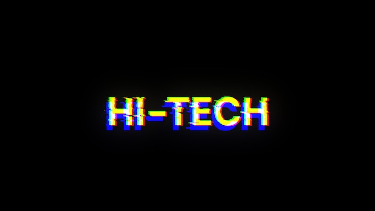 Foto renderización 3d de texto de alta tecnología con efectos de pantalla de fallas tecnológicas