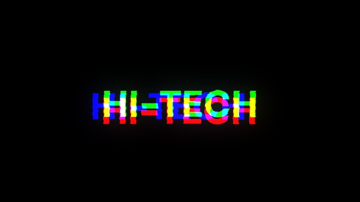 Foto renderización 3d de texto de alta tecnología con efectos de pantalla de fallas tecnológicas