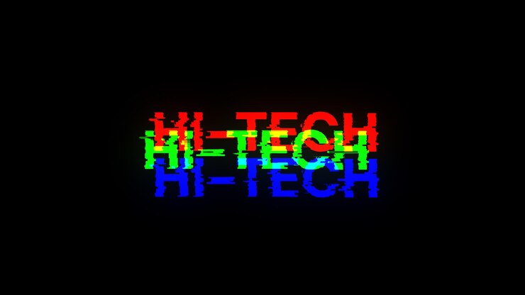 Foto renderización 3d de texto de alta tecnología con efectos de pantalla de fallas tecnológicas
