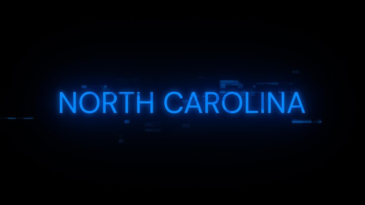 Foto renderización 3d del texto de carolina del norte con efectos de pantalla de fallas tecnológicas