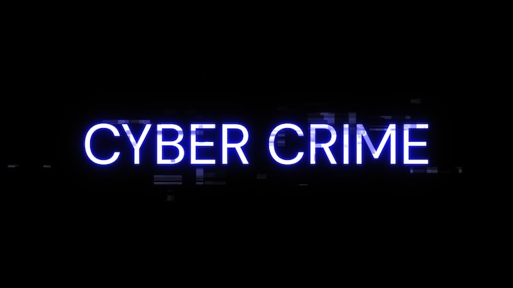 Foto renderización en 3d del texto del cibercrimen con efectos de pantalla de fallas tecnológicas
