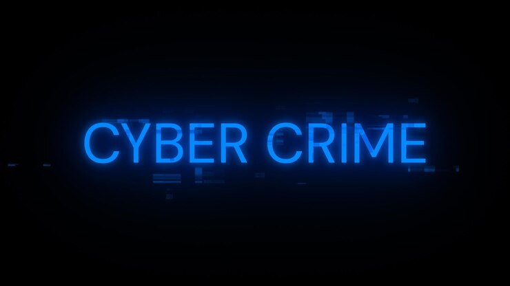 Foto renderización en 3d del texto del cibercrimen con efectos de pantalla de fallas tecnológicas