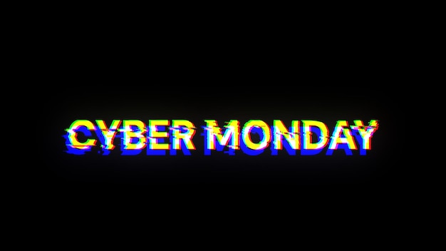 Renderización en 3D del texto de Cyber Monday con efectos de pantalla de fallas tecnológicas