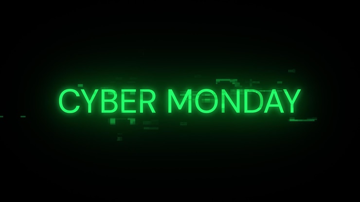 Foto renderización en 3d del texto de cyber monday con efectos de pantalla de fallas tecnológicas