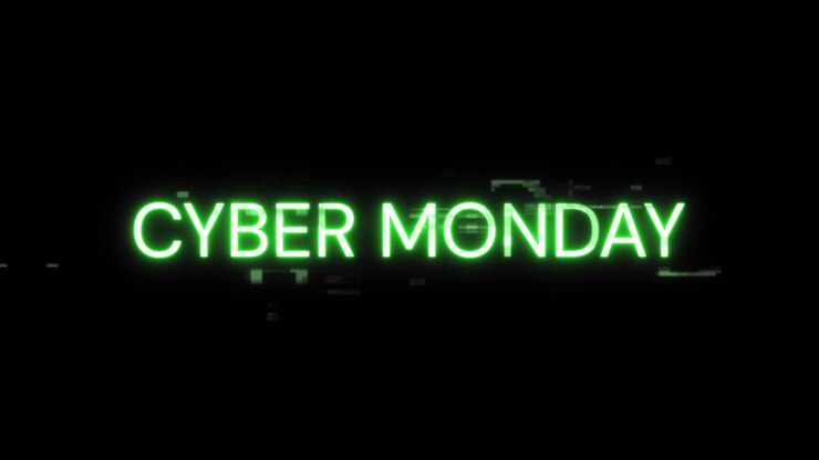 Foto renderización en 3d del texto de cyber monday con efectos de pantalla de fallas tecnológicas