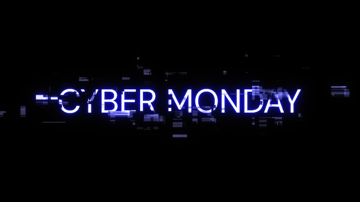 Foto renderización en 3d del texto de cyber monday con efectos de pantalla de fallas tecnológicas