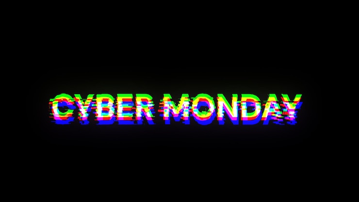 Foto renderización en 3d del texto de cyber monday con efectos de pantalla de fallas tecnológicas
