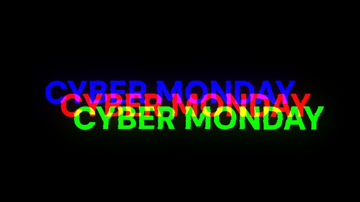 Foto renderización en 3d del texto de cyber monday con efectos de pantalla de fallas tecnológicas