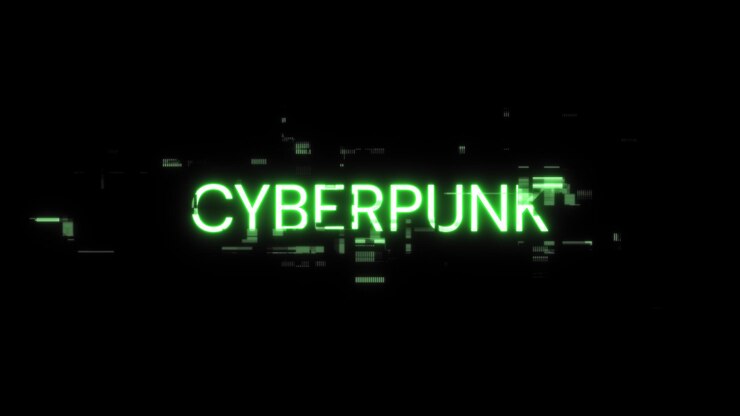 Foto renderización 3d de texto cyberpunk con efectos de pantalla de fallas tecnológicas