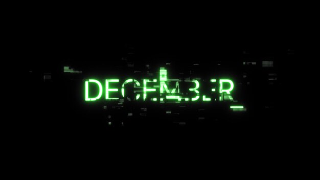 Renderización 3D del texto de diciembre con efectos de pantalla de fallas tecnológicas