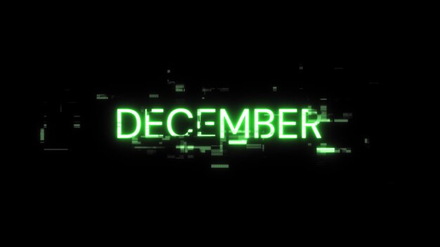 Renderización 3D del texto de diciembre con efectos de pantalla de fallas tecnológicas