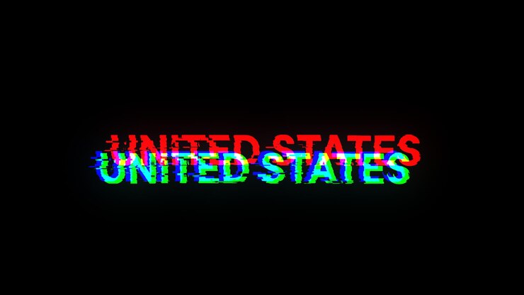 Foto renderización 3d de texto de los estados unidos con efectos de pantalla de fallas tecnológicas