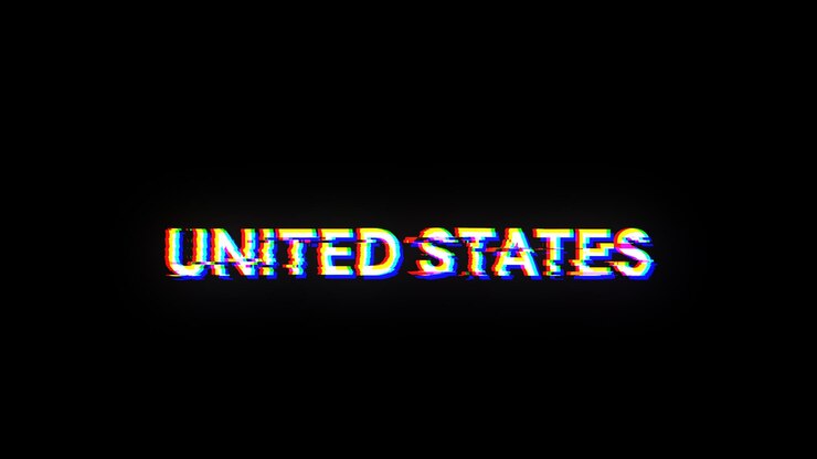 Foto renderización 3d de texto de los estados unidos con efectos de pantalla de fallas tecnológicas