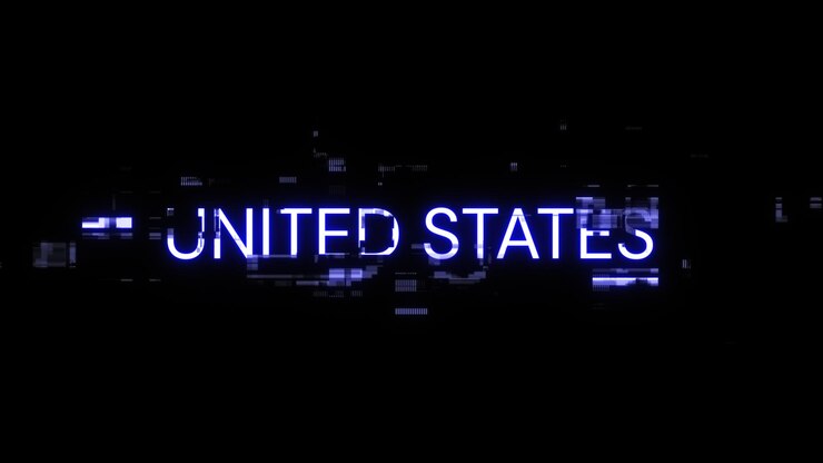 Foto renderización 3d de texto de los estados unidos con efectos de pantalla de fallas tecnológicas