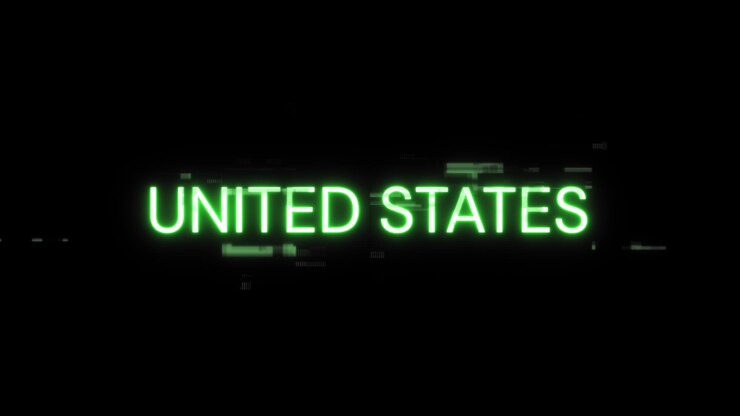 Foto renderización 3d de texto de los estados unidos con efectos de pantalla de fallas tecnológicas