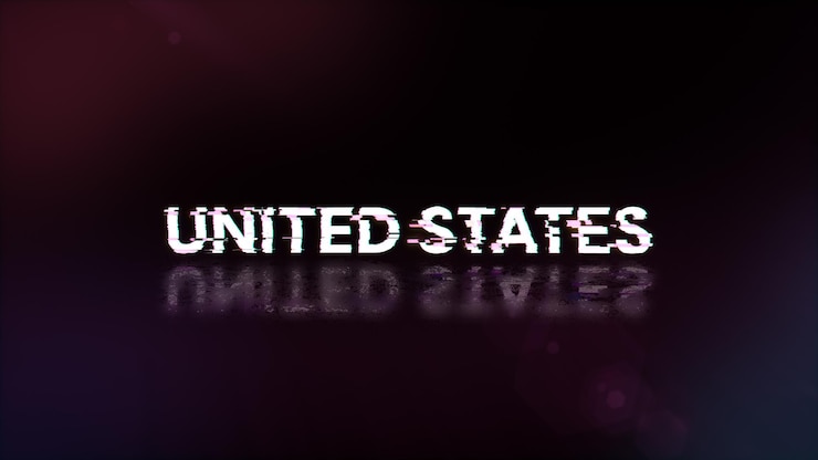 Foto renderización 3d de texto de los estados unidos con efectos de pantalla de fallas tecnológicas