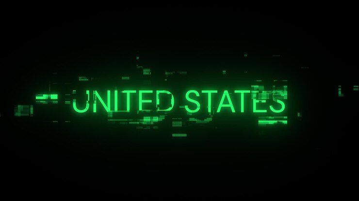 Foto renderización 3d de texto de los estados unidos con efectos de pantalla de fallas tecnológicas