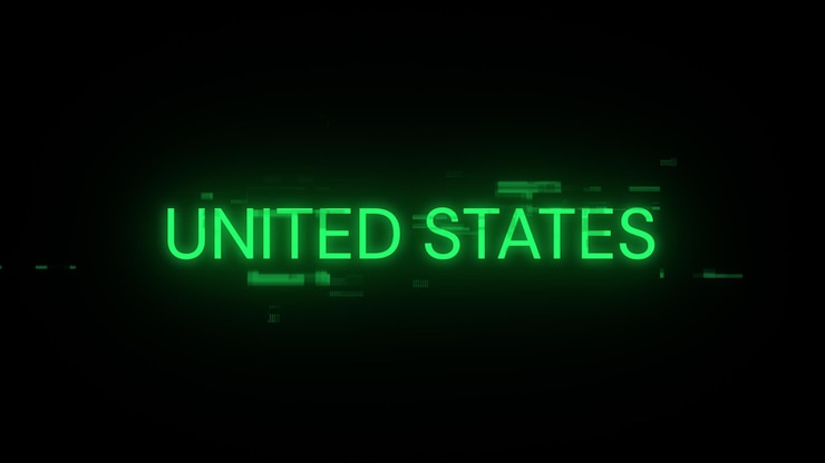 Foto renderización 3d de texto de los estados unidos con efectos de pantalla de fallas tecnológicas