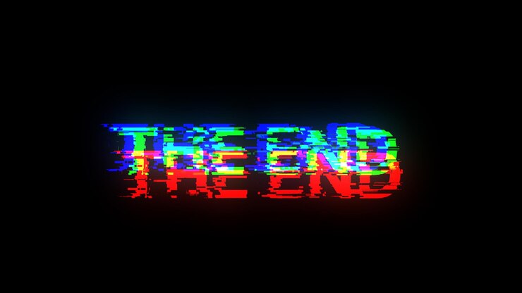 Foto renderización 3d del texto final con efectos de pantalla de fallas tecnológicas