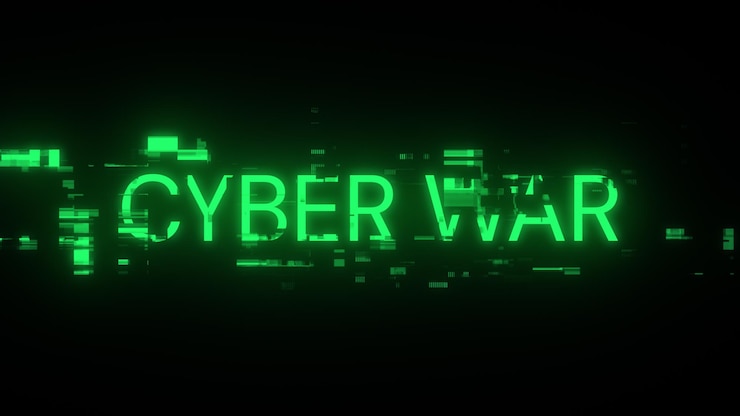 Foto renderización 3d de texto de guerra cibernética con efectos de pantalla de fallas tecnológicas