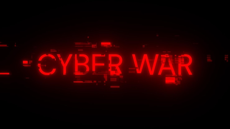 Foto renderización 3d de texto de guerra cibernética con efectos de pantalla de fallas tecnológicas