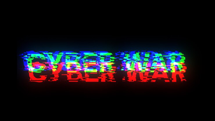 Foto renderización 3d de texto de guerra cibernética con efectos de pantalla de fallas tecnológicas