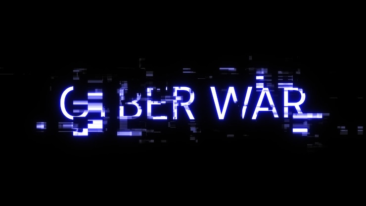 Foto renderización 3d de texto de guerra cibernética con efectos de pantalla de fallas tecnológicas
