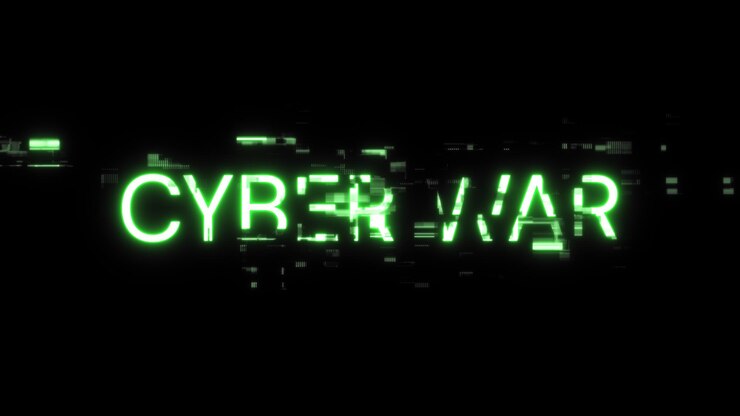 Foto renderización 3d de texto de guerra cibernética con efectos de pantalla de fallas tecnológicas