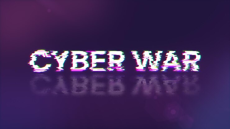 Foto renderización 3d de texto de guerra cibernética con efectos de pantalla de fallas tecnológicas