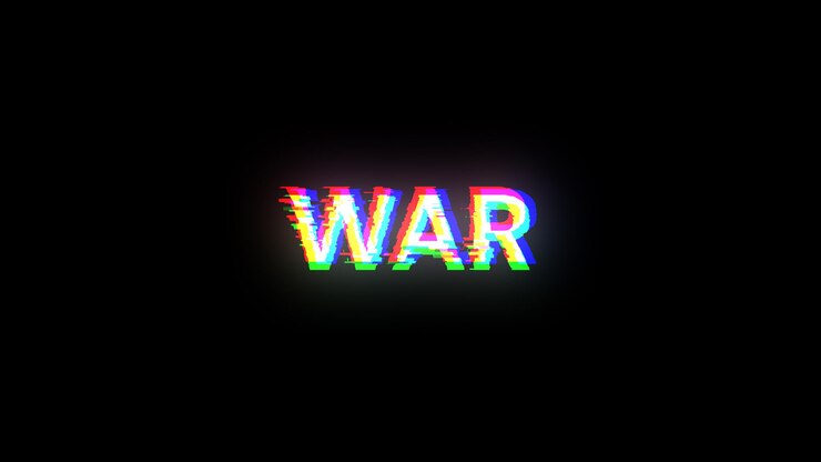 Foto renderización 3d de texto de guerra con efectos de pantalla de fallas tecnológicas
