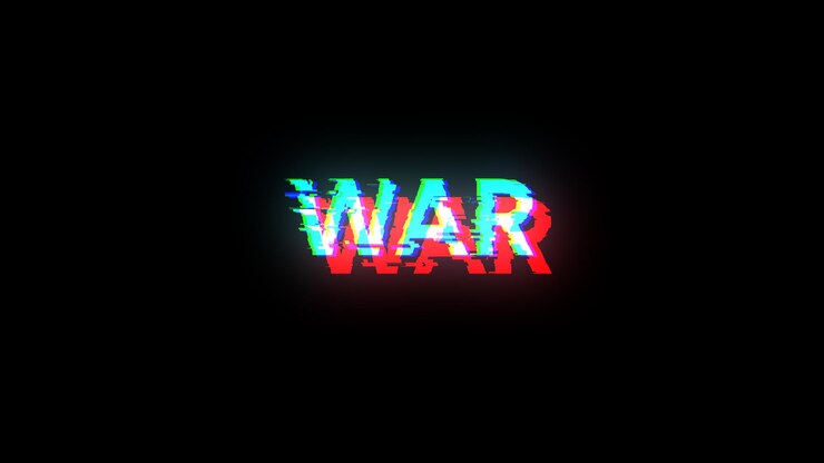 Foto renderización 3d de texto de guerra con efectos de pantalla de fallas tecnológicas