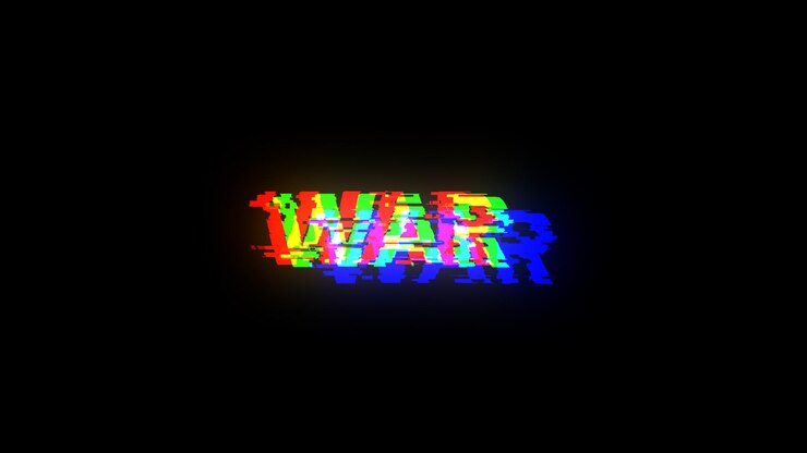 Foto renderización 3d de texto de guerra con efectos de pantalla de fallas tecnológicas
