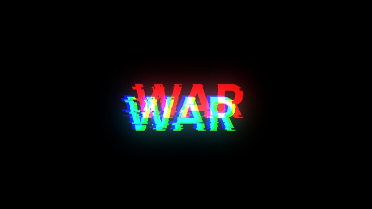 Foto renderización 3d de texto de guerra con efectos de pantalla de fallas tecnológicas