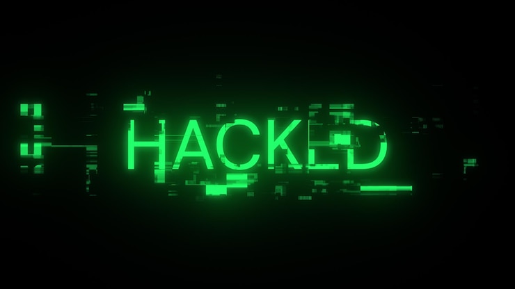 Foto renderización 3d de texto hackeado con efectos de pantalla de fallas tecnológicas