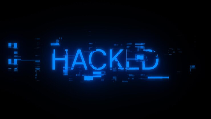 Foto renderización 3d de texto hackeado con efectos de pantalla de fallas tecnológicas