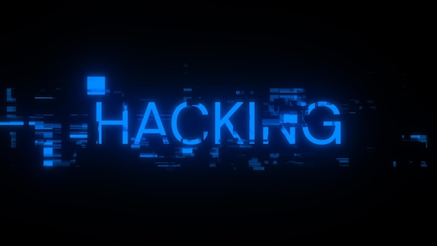 Foto renderización 3d de texto de hacking con efectos de pantalla de fallas tecnológicas