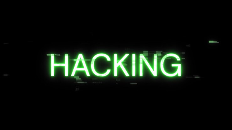 Foto renderización 3d de texto de hacking con efectos de pantalla de fallas tecnológicas