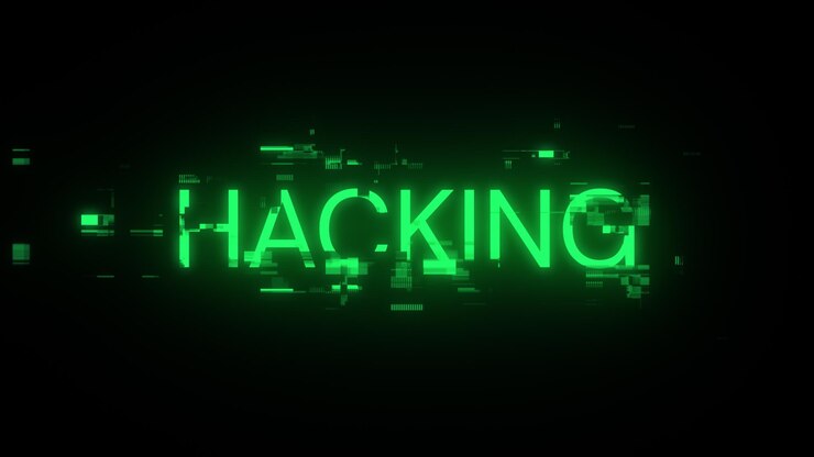 Foto renderización 3d de texto de hacking con efectos de pantalla de fallas tecnológicas