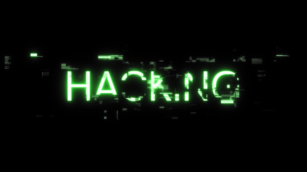 Renderización 3D de texto de hacking con efectos de pantalla de fallas tecnológicas