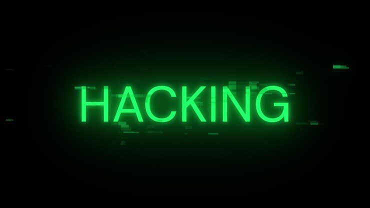 Foto renderización 3d de texto de hacking con efectos de pantalla de fallas tecnológicas