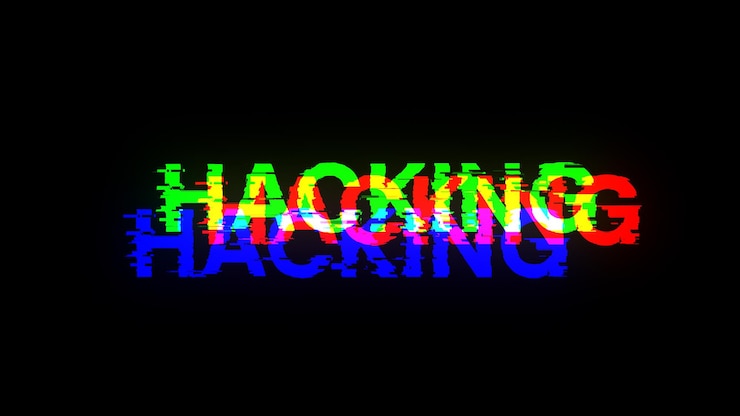 Foto renderización 3d de texto de hacking con efectos de pantalla de fallas tecnológicas