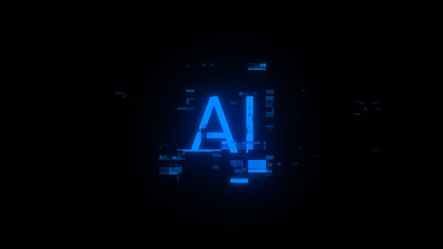 Renderización 3D de texto de IA con efectos de pantalla de fallas tecnológicas
