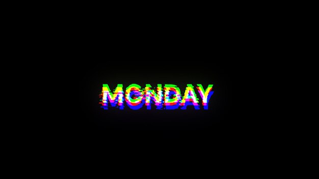 Renderización 3D del texto del lunes con efectos de pantalla de fallas tecnológicas