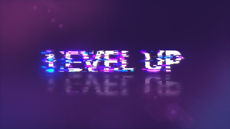 Foto renderización 3d de texto a nivel con efectos de pantalla de fallas tecnológicas