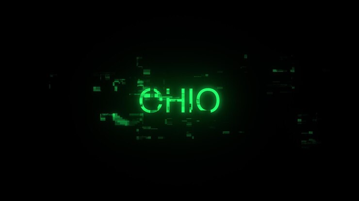 Foto renderización 3d del texto de ohio con efectos de pantalla de fallas tecnológicas