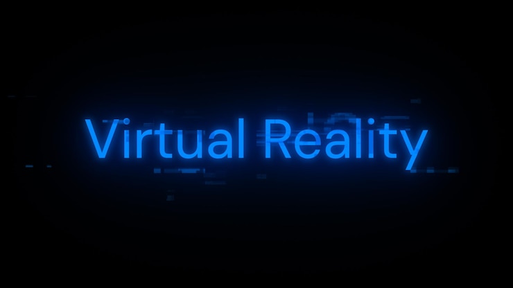 Foto renderización 3d de texto de realidad virtual con efectos de pantalla de fallas tecnológicas